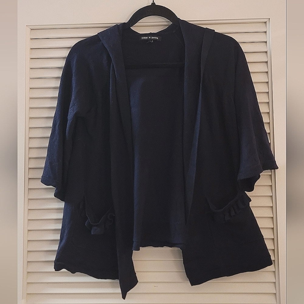 Cable & Gauge - Navy Ruffle 3/4 Sleeve Open Lightweight Cardigan
